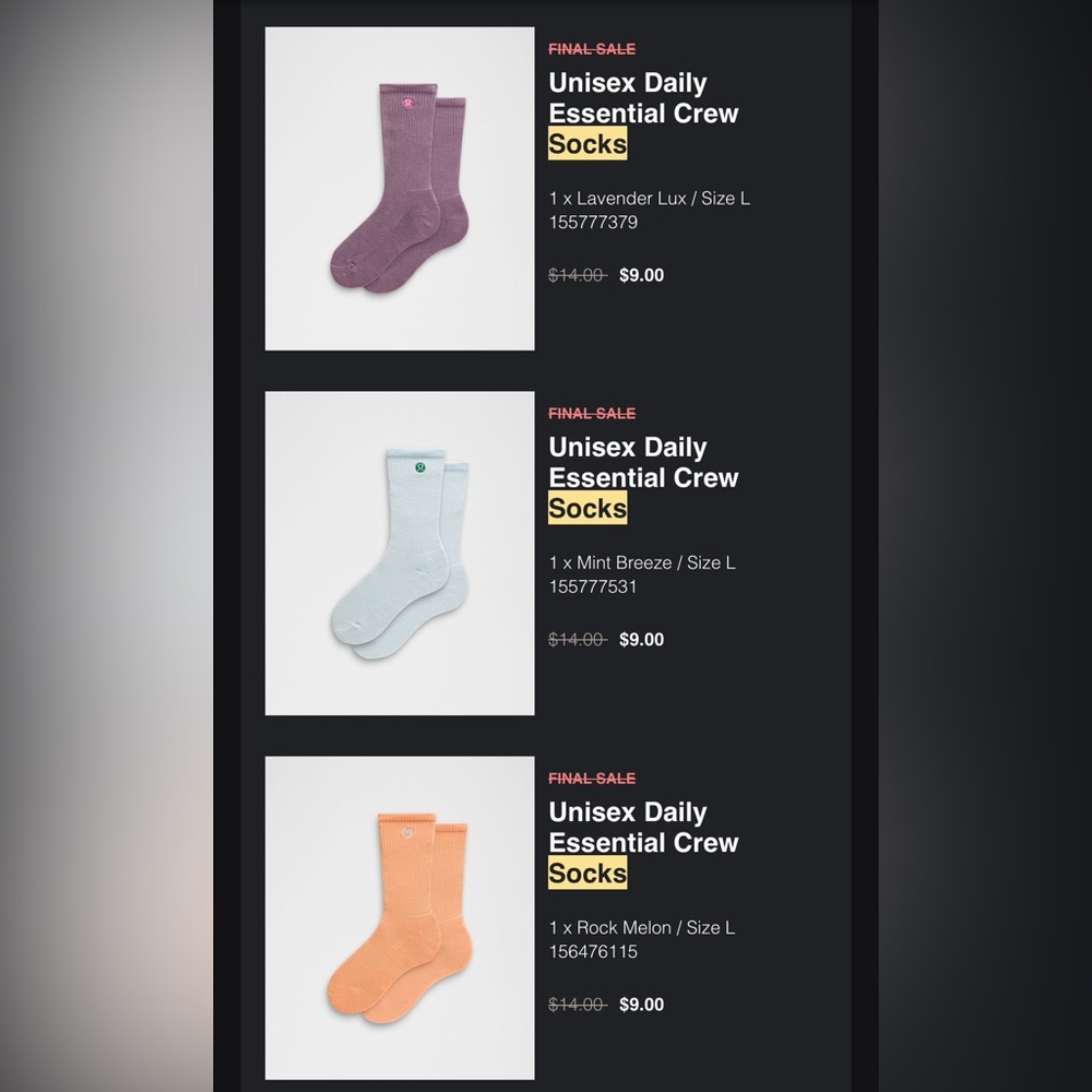 lululemon athletica Unisex Crew Socks in Lavender, Mint, and Peach